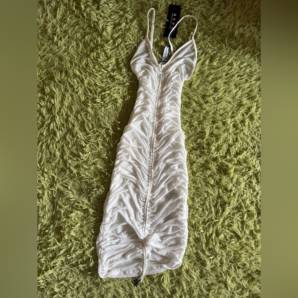 MyOutfitOnline - White Ruched Bikini Cover Up Dress